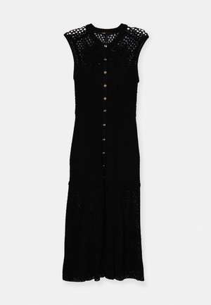 Strickschwarzes Kleid mit Rundhalsausschnitt, kurzen Ärmeln, Knopfleiste und spitzenartigen Details über das gesamte Kleid, mit ausgestelltem Saum.