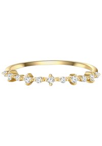 Zlati prstan z valovitimi linijami, okrašen z več sijajnimi okroglimi diamanti, postavljenimi na izmenične zlate poudarke.