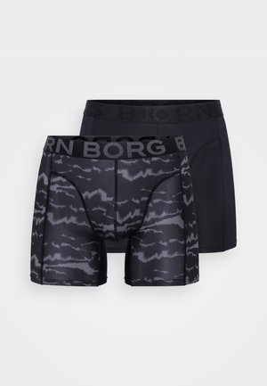 Dos pares de calzoncillos para hombre: uno de color negro sólido, otro de gris oscuro con un patrón de olas. Ambos cuentan con una ancha cintura negra con la marca "BJORN".