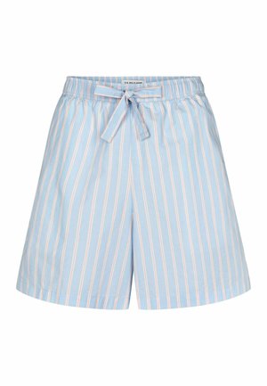 Lysblå bomuldsshorts med lodrette hvide og pink striber, udstyret med en elastisk talje og en forside med sløjfedesign.