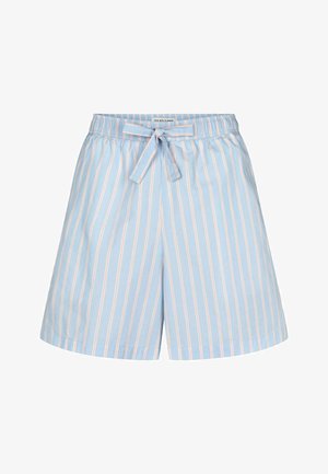 Vaaleansiniset puuvillashortsit, joissa on pystysuorat valkoiset ja vaaleanpunaiset raidat. Shortsseissa on joustava vyötärö ja edessä solmimisnauha.