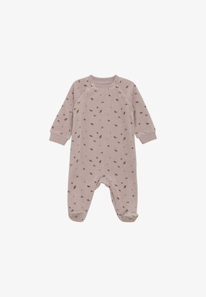 Grenouillère bébé rose clair avec petits motifs floraux foncés, manches longues, poignets côtelés et boutons-pression le long de l'encolure et sur les épaules.