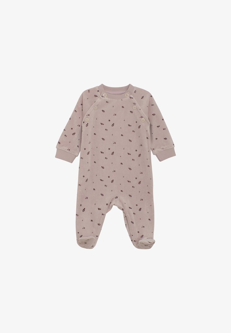 Lyserød babyheldragt med fødder med små mørke blomsterprint, lange ærmer, ribstrikkede manchetter og trykknapper langs halsudskæringen og skuldrene.