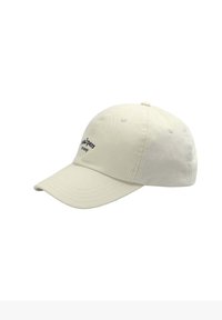 Beige cotton baseball cap with curved brim. Features embroidered black text on front. Six-panel design with ventilation eyelets.