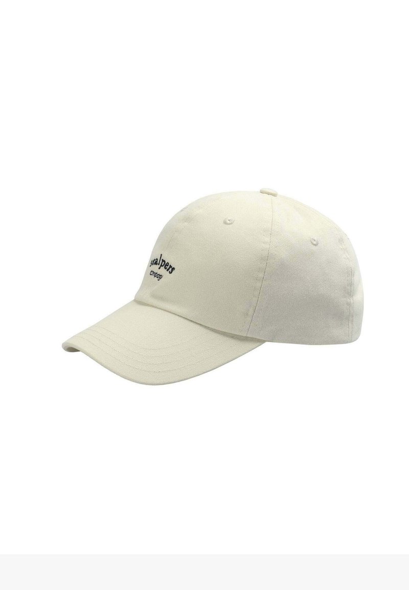 Beige cotton baseball cap with curved brim. Features embroidered black text on front. Six-panel design with ventilation eyelets.