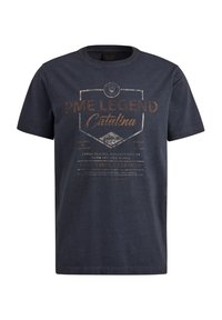 Navy blue cotton T-shirt featuring a textured graphic design in light brown with text. Classic round neckline and short sleeves.