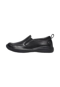Scarpe slip-on nere in pelle liscia, con un design elegante, pannelli laterali elastici e suola in gomma texturizzata per una buona aderenza.