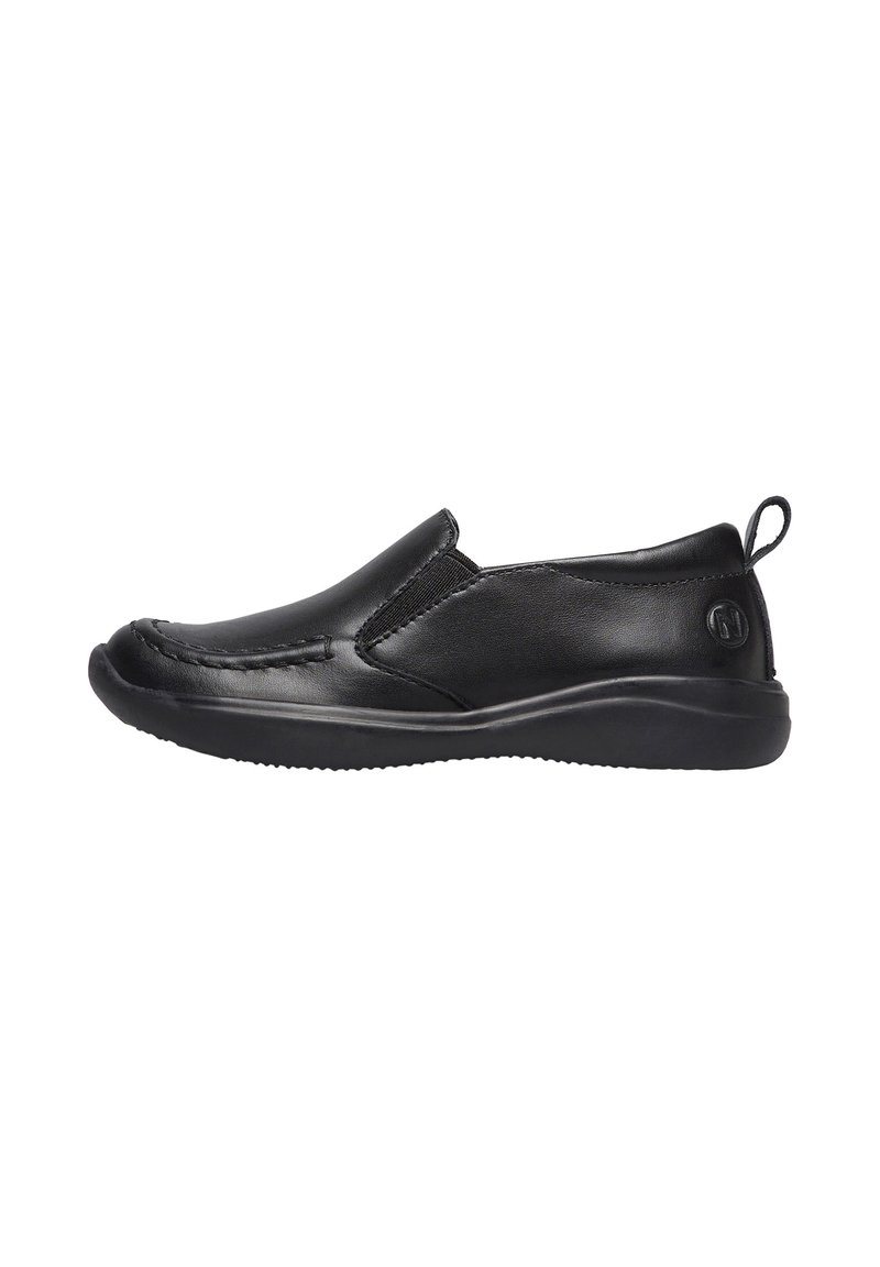 Scarpe slip-on nere in pelle liscia, con un design elegante, pannelli laterali elastici e suola in gomma texturizzata per una buona aderenza.