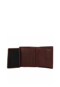 Portafoglio in pelle marrone con più slot per carte, un interno texturizzato e un'esterno liscio. Nessun hardware o motivo visibile. Vista aperta.