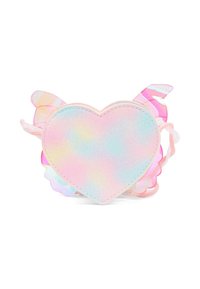 Borsetta a forma di cuore in materiale iridescente con finitura glitter, con accenti di ali rosa e bordi testurizzati. Inclusa una tracolla regolabile.