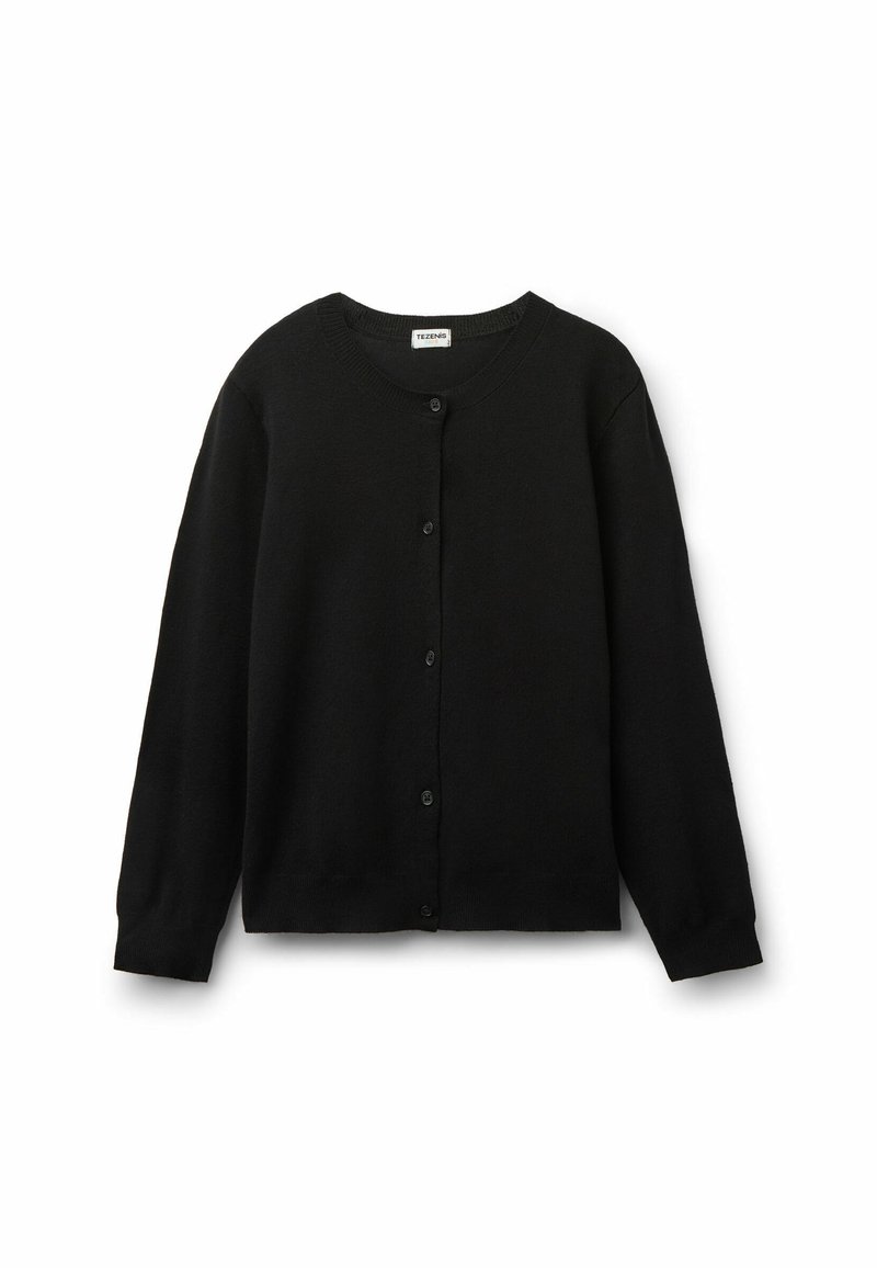 Schwarze Strickjacke aus weichem Material. Mit langen Ärmeln, einem Rundhalsausschnitt und einer Reihe von Knöpfen auf der Vorderseite. Keine Muster oder Akzente.