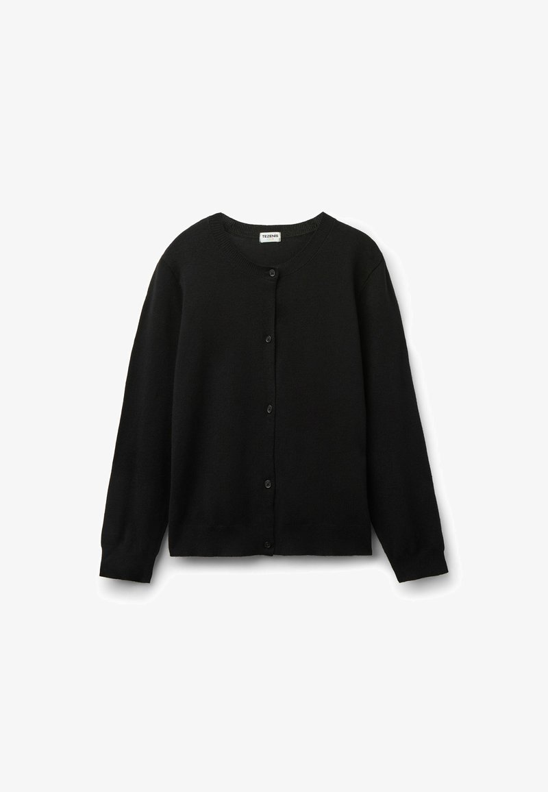 Schwarze Strickjacke aus weichem Material. Mit langen Ärmeln, einem Rundhalsausschnitt und einer Reihe von Knöpfen auf der Vorderseite. Keine Muster oder Akzente.