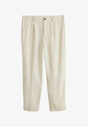 Beige bukser med lige ben, bæltestropper, knap foran, lynlåslukning og sidelommer, vist på en hvid baggrund.