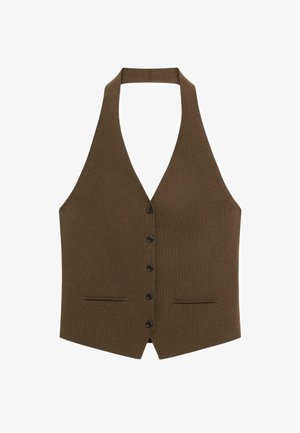 Gilet marrone senza maniche con scollatura a V profonda, forma strutturata, chiusura frontale con bottoni e due tasche laterali. Realizzato in tessuto testurizzato.