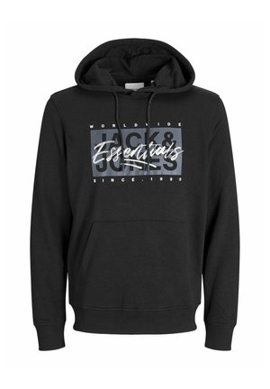 Black hooded sweatshirt in cotton blend, featuring a front kangaroo pocket, ribbed cuffs, and a graphic print with "Jack & Jones Essentials" text.