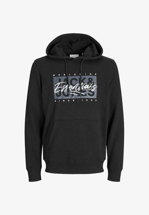 Melnas kapuces džemperis no kokvilnas maisījuma, ar priekšējo kabatu, ribinātām piedurknēm un grafisko apdruku ar tekstu "Jack & Jones Essentials".