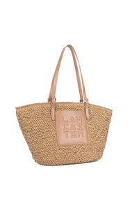 Sac fourre-tout en paille tissée avec poignées en cuir fauve et patch embossé avec "LANCASTER" en lettres capitales sur le devant.