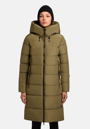 Olive green puffer coat with a high collar, front zipper, and two side pockets. Features horizontal quilted pattern and adjustable hood.