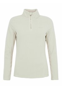 Pullover in pile beige chiaro con colletto a mezza zip, maniche lunghe e una texture morbida. Presenta un piccolo logo sul lato sinistro anteriore.