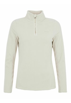 Lys beige fleece pullover med halv lynlås krave, lange ærmer og en blød tekstur. Har et lille logo på venstre frontside.