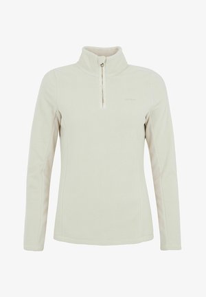Lys beige fleece pullover med halv lynlås krave, lange ærmer og en blød tekstur. Har et lille logo på venstre frontside.