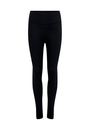 Schwarze Leggings mit hoher Taille und voller Länge, nahtlosem Bund und glatter Stoffstruktur vor weißem Hintergrund.