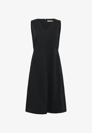 Must mustreta kohvrihmaga kleit V-kaelusega, mis on valmistatud siledast kangast, sisaldab selja lukku ja flared A-laineline siluett.