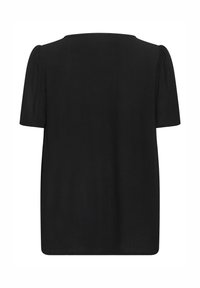 Haut noir à manches courtes avec une coupe décontractée, dotée d'un col rond et de manches bouffantes subtile. Texture lisse sans motifs visibles.
