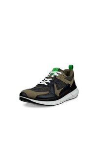 Sport sneaker featuring a mesh and suede upper in olive green and black, white laces, and a green heel tab with a rounded sole.