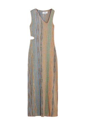 Vestido maxi sin mangas con escote en V y rayas onduladas verticales en azul, verde, naranja y marrón, con un corte en la cintura izquierda.