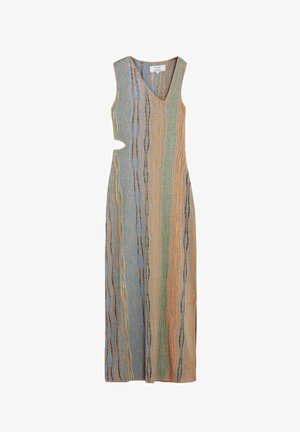 Vestido maxi sin mangas con escote en V y rayas onduladas verticales en azul, verde, naranja y marrón, con un corte en la cintura izquierda.