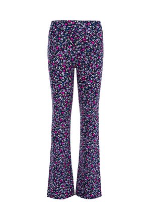 Pantalon évasé bleu marine avec un imprimé floral petit en rose, blanc et bleu clair sur toute la surface.