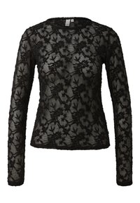 Schwarzes langärmliges Oberteil aus durchsichtiger Spitze mit floralem Muster. Gerippter Ausschnitt und Saum, taillierte Passform, aufwendige gestickte Details im gesamten Design.