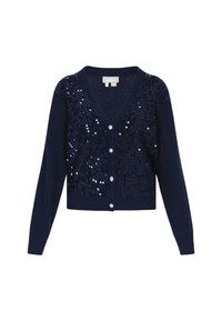 Cardigan blu navy con scollo a V, maniche lunghe e chiusura con bottoni. Presenta dettagli in paillettes sul davanti, creando un motivo testurizzato.