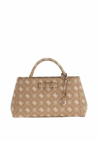 Sac à main beige avec un motif à motifs blancs. Forme structurée, double poignée supérieure et plaque de logo en métal avec un accent de cadenas.