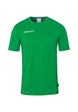 Groene sportshirt met korte mouwen, gemaakt van vochtregulerende stof, met een ronde hals en contrasterende verticale strepen aan de zijkanten.