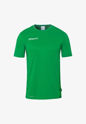 Groene sportshirt met korte mouwen, gemaakt van vochtregulerende stof, met een ronde hals en contrasterende verticale strepen aan de zijkanten.