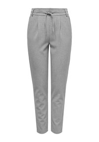 Hellgraue, taillierte Hose aus strukturiertem Stoff mit einem Kordelzugbund und vorderen Falten. Verfügt über eine glatte Oberfläche.