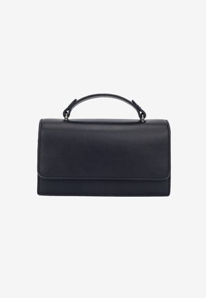 Sac à main en cuir noir avec un design structuré, un devant plat et une poignée courte. Texture lisse avec des détails de couture soignés.