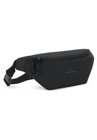 Black fanny pack made of smooth material with a curved shape, featuring two zippered compartments and an adjustable strap. Logo displayed.