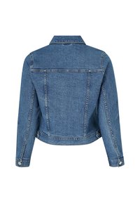 Giacca di jeans di colore azzurro chiaro con maniche lunghe, colletto a punta e tasche laterali. Presenta cuciture a contrasto e polsini con bottoni.