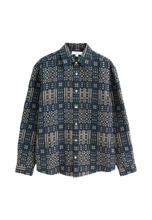 Navy blue button-up shirt featuring a geometric cream pattern, point collar, long sleeves, and a relaxed fit. Made of lightweight fabric.