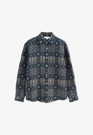 Camicia abbottonata blu navy con un motivo geometrico color crema, colletto a punta, maniche lunghe e vestibilità rilassata. Realizzata in tessuto leggero.