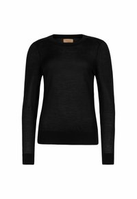 Schwarzer Strickpullover mit langen Ärmeln, rundem Ausschnitt und gerippten Bündchen. Glatte Textur mit leichtem Design, ohne Muster oder Verzierung.