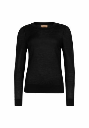 Schwarzer Strickpullover mit langen Ärmeln, rundem Ausschnitt und gerippten Bündchen. Glatte Textur mit leichtem Design, ohne Muster oder Verzierung.