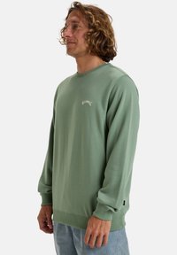 Grüner Sweatshirt mit Rundhalsausschnitt und gerippten Bündchen. Verfügt über ein dezentes Logo in Weiß auf der Brust. Aus weichem, leichtem Material.