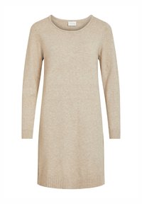 Abito lavorato a maglia beige con maniche lunghe, scollatura rotonda e polsini e orlo a coste. Texture morbida con un motivo sottile su tutta la superficie.