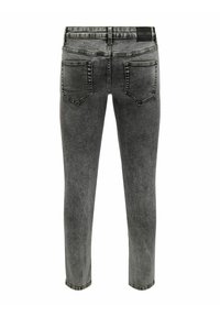Jeans ajustados de denim gris oscuro. Presentan una cintura de altura media, cinco bolsillos y costuras visibles. Textura suave con un acabado ligeramente desgastado.