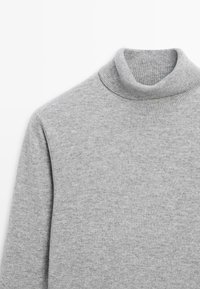 Gray turtleneck sweater made from a smooth knit fabric. Features a ribbed collar and cuffs, with a minimalistic design.