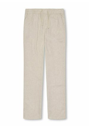 Lys beige linnedbukser med elastisk talje, snorlukning og sidelommer. Lige ben-design og blød tekstur.